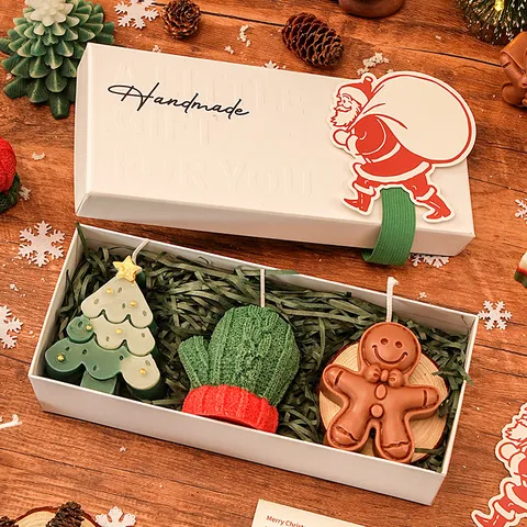 Juego de Regalo de Vela Aromática de Navidad Hecha a Mano Caja de Regalo Pequeña Cera Perfumada Árbol 3D Hombre de Jengibre Decoración