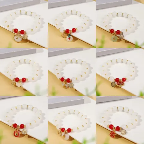 New Chinese Style Faux White Jade Beaded Bracelet For Women Vintage Alloy Lucky Pendant National Trend Retro Jewelry Hand Accessory