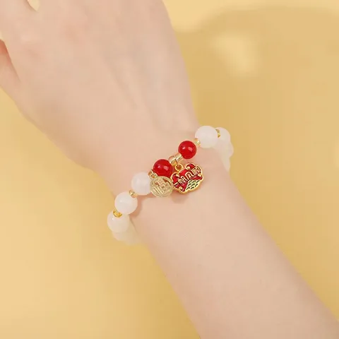 New Chinese Style Faux White Jade Beaded Bracelet For Women Vintage Alloy Lucky Pendant National Trend Retro Jewelry Hand Accessory