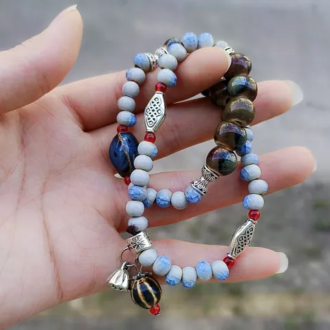 Pulsera de Cuentas de Cerámica Estilo Retro Chino Con Colgante de Vaina de Loto Hecho a Mano Multicapa Elástica Pulsera Mujeres Hombres Étnico Joyería de Mano Regalo