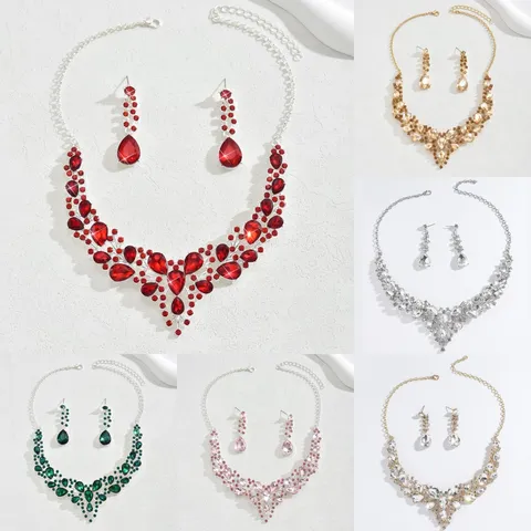 Luxury Bridal Rhinestone Crystal Necklace Earring Set Alloy Waterdrop Pendant Jewelry Set For Women Wedding Party Prom Accessories