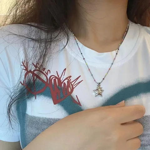 Collana con Ciondolo a Stella per Donna Perline a Colori Contrastanti Cuore Viso Sorridente Strass Lega Collana Girocollo