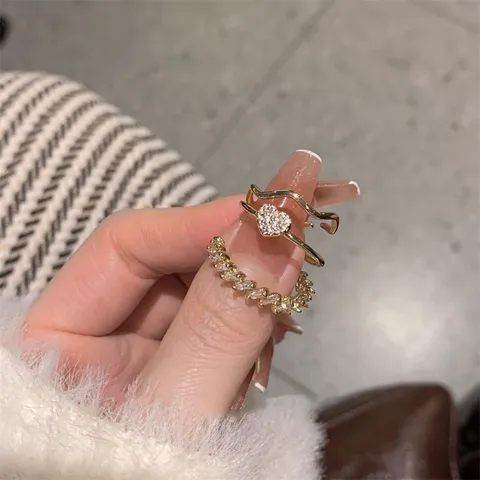 Estilo Coreano Cobre Strass Anillo Conjunto Moda Geométrico Abierto Anillos Para Mujeres Diario Fiesta Elegante Joyería Dedo Accesorios