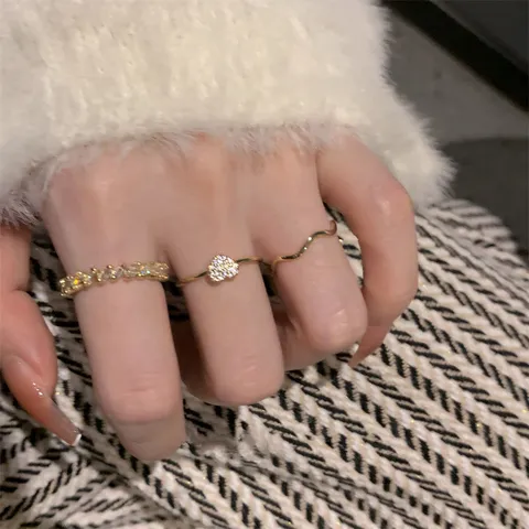 Estilo Coreano Cobre Strass Anillo Conjunto Moda Geométrico Abierto Anillos Para Mujeres Diario Fiesta Elegante Joyería Dedo Accesorios