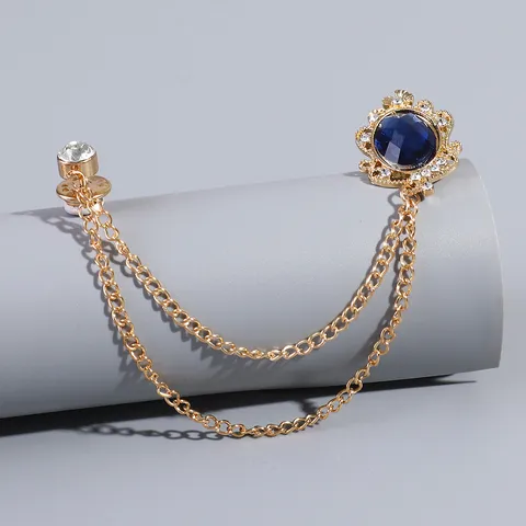Alloy Ketting Brosche Pin Verguld Blauw Strass Geometrische Kraag Speld Anti Blootstelling Kleding Accessoires Voor Vrouwen