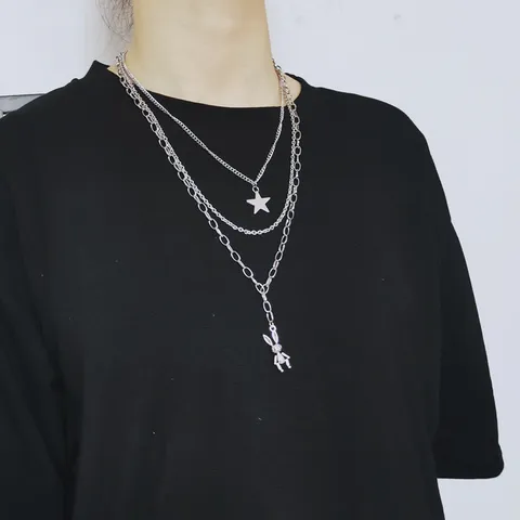Collar de Aleación de Color Plata Vintage Hip Hop Colgante de Animal de Dibujos Animados Cadena de Bolas Larga Multicapa Geométrica Joyería Street Fiesta Regalo Mujer Hombre