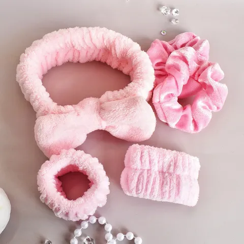 Süßes Polyester Schleife Haarband Handgelenkband Set Einfarbig Plüsch Stirnband Für Skincare Make-up Spa Damen Accessoires