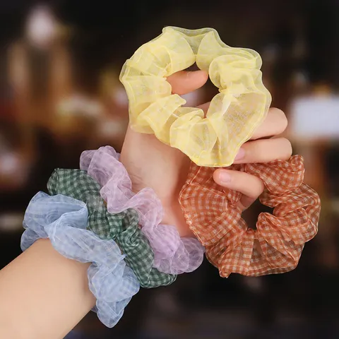 Korean Style Organza Satin Plaid Polka Dot Hair Scrunchies Elastic Hair Ropes Daily Hair Accessories For Women