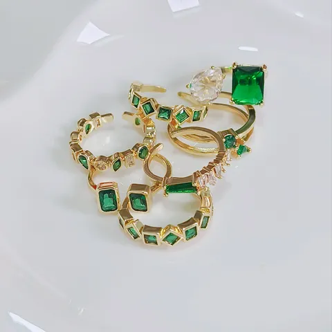 Anillo Abierto de Zirconia Verde Vintage Para Mujeres Lujo Cobre Geométrico Chapado en Oro Plata Moda Anillo de Dedo Joyería Regalo