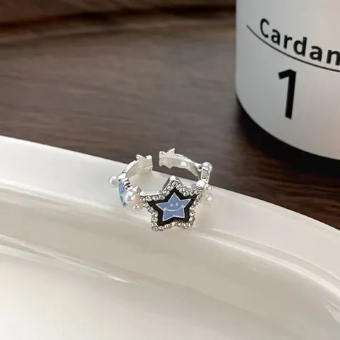 Anillo de Estrella Personalizado Hip Hop Anillo de Cara Smiley Esmaltado Azul Claro Cobre Abierto Ajustable Joyería de Moda