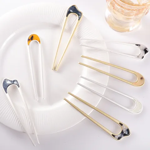 Modern Minimalist U-Shaped Hair Stick For Women Matte Metal Acetate Hairpin Leopard Tortoiseshell Marble Pattern Updo Hair Accessories