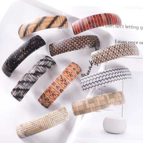 Korean Acetate Plaid Patchwork Curved Spring Hair Clip Women Marble Print Bangs Side Hairpin Headwear Elegant Updo Top Hair Accessory