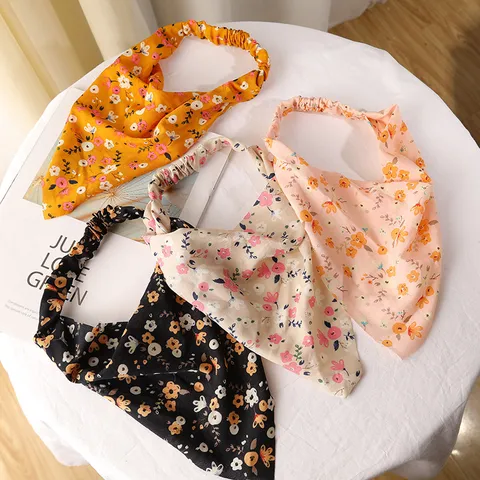 Women Chiffon Floral Triangle Headband Rose Print Hair Scarf Boho Elastic Bandana Headscarf For Travel Beach Hair Accessories