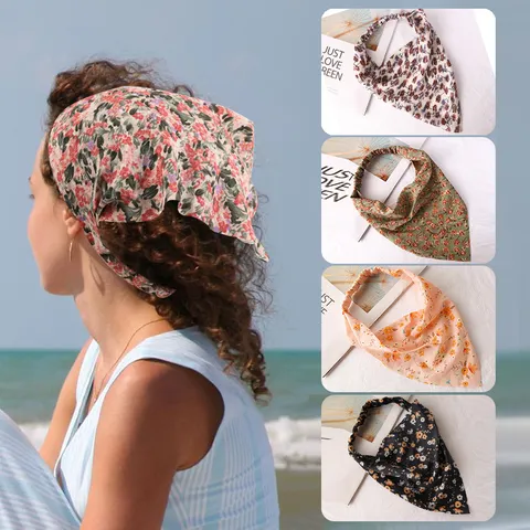 Women Chiffon Floral Triangle Headband Rose Print Hair Scarf Boho Elastic Bandana Headscarf For Travel Beach Hair Accessories