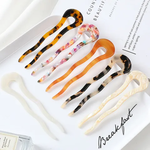 Acetate U-Shaped Hair Sticks Wave Hair Fork For Women Marble Tortoise Shell Hair Pins Bun Maker Styling Hair Accessories