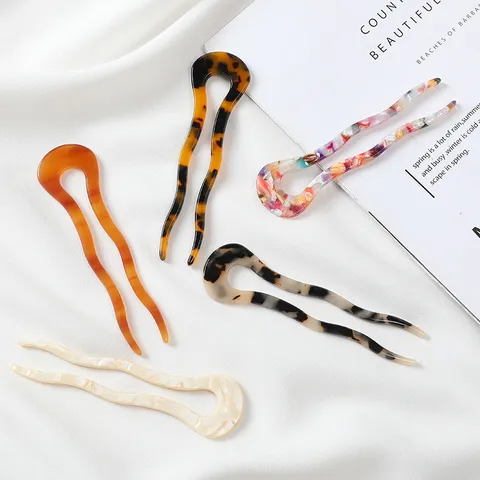 Acetate U-Shaped Hair Sticks Wave Hair Fork For Women Marble Tortoise Shell Hair Pins Bun Maker Styling Hair Accessories