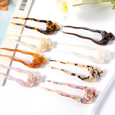 Cellulose Acetate Bow Hair Stick U-Shaped Hairpin French Style Tortoiseshell Marble Pattern Hair Accessories For Women Bun Maker