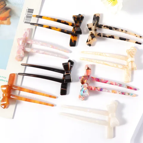 Cellulose Acetate Bow Hair Stick U-Shaped Hairpin French Style Tortoiseshell Marble Pattern Hair Accessories For Women Bun Maker