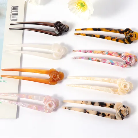 Vintage Cellulose Acetate U-Shaped Flower Hair Stick For Women Hanfu Hair Accessories 3D Floral Hair Pin Styling Tools Gift