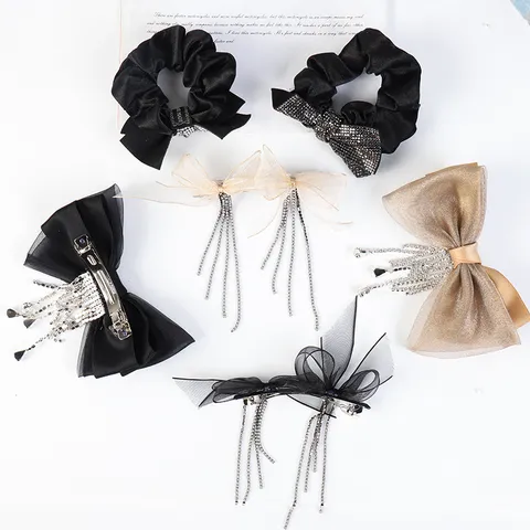Elegant Organza Fabric Bowknot Hair Clip With Rhinestone Tassel Luxury Inlaid Bow Hair Tie Sweet Headwear Fashion Accessories For Women