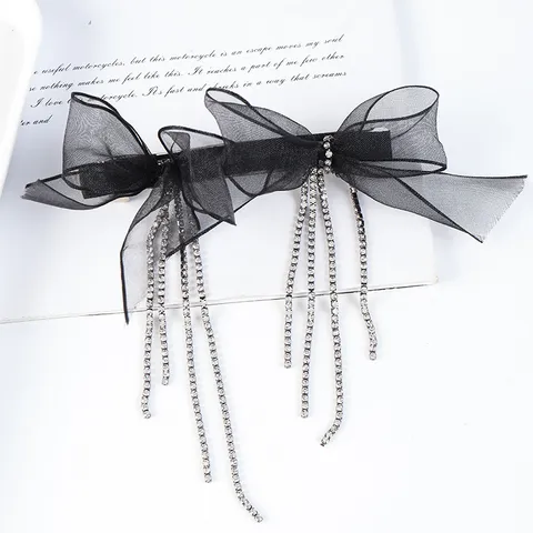 Elegant Organza Fabric Bowknot Hair Clip With Rhinestone Tassel Luxury Inlaid Bow Hair Tie Sweet Headwear Fashion Accessories For Women