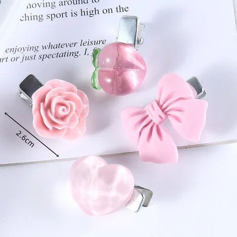 Korean Style Sweet Pink Resin Flower Peach Bow Heart Hair Clips For Women Girls Fashion Plastic Duckbill Side Hairpins Hair Jewelry