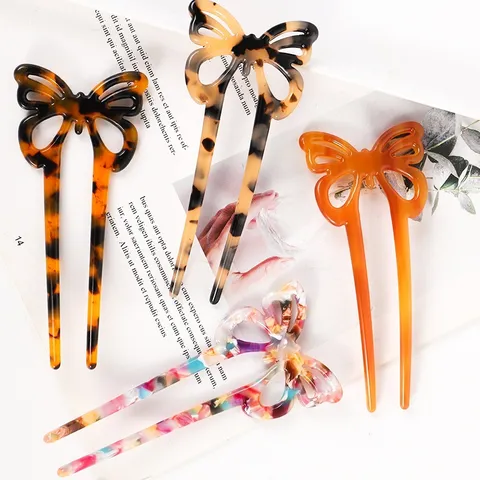Acetate Cellulose Butterfly Hair Stick Hollow Out Tortoiseshell U Shaped Updo Hair Fork For Women Everyday Styling Accessories