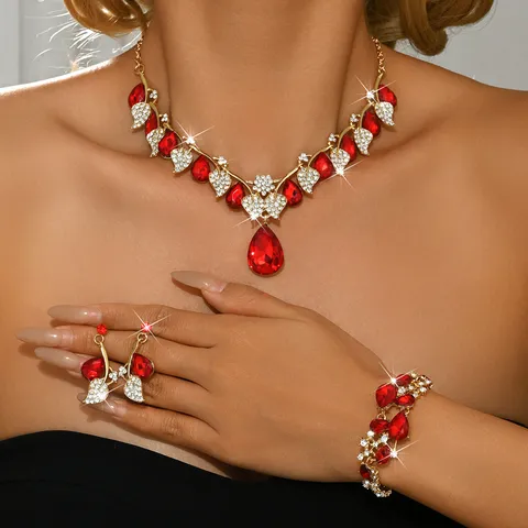 Set Gioielli Vintage in Lega con Strass a Goccia d'Acqua e Gemma Artificiale per Donna Collana Orecchini Bracciale Foglia Fiore per Matrimonio Festa Sposa