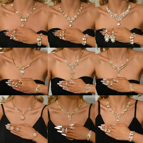 Lussuoso Set di Gioielli in Lega e Strass per Donna Placcato Oro Geometrico Floreale Foglia Goccia d'Acqua Collana Orecchini Bracciale Anello per Matrimonio