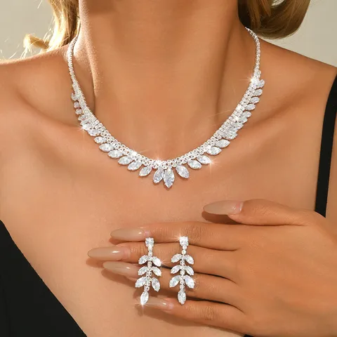 Braut Blatt Zirkonia Schmuckset Voll Diamant Kupfer Halskette Ohrringe Set Für Damen Mode Hochzeit Party Schmuck Zubehör