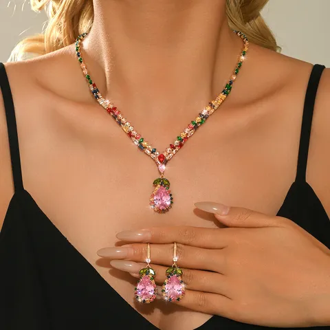 Elegante Set di Gioielli in Rame con Strass da Donna Collana con Ciondolo a Goccia d'Acqua Orecchini Set Moda Banchetto Festa Gioielli