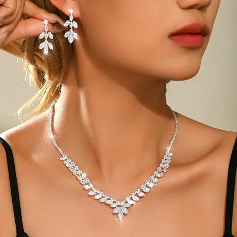 Braut Blatt Zirkonia Schmuckset Voll Diamant Kupfer Halskette Ohrringe Set Für Damen Mode Hochzeit Party Schmuck Zubehör