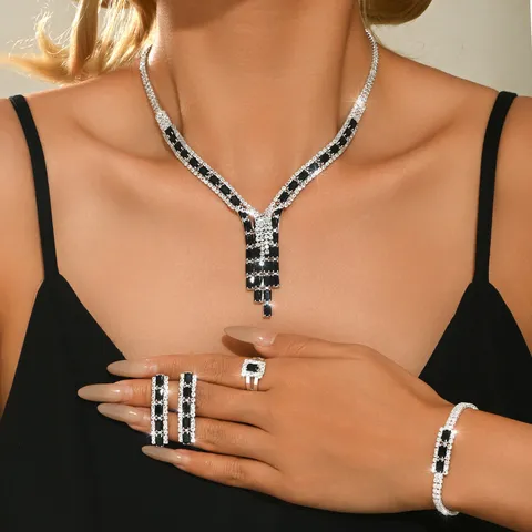 Luxury Zirconia Tassel Jewelry Necklace Earrings Bracelet Ring Collection Vintage Copper Rhinestone Accessories For Women Banquet Wedding