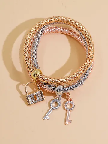 Pulsera Vintage de Aleación Strass Colgante Cerradura Llave Cadena Popcorn Capas Superpuestas Brazalete Para Unisex Joyería Moda