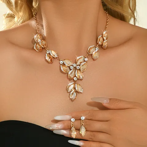 Lussuoso Set di Gioielli con Strass Champagne a Goccia per Donna Collana a Foglia Stile Vintage Palazzo Orecchini Accessori da Sposa