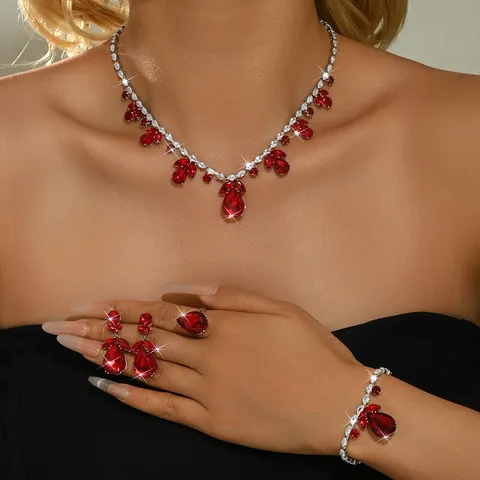 Lussuosi Gioielli da Sposa in Rame e Zirconia per Donna Collana con Ciondolo a Goccia Orecchini Bracciale Anello Accessori Matrimonio