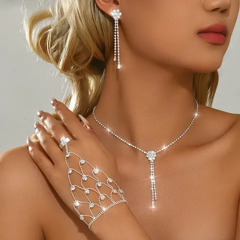 Elegante Conjunto de Joyas para Novia Borla de Strass Cobre Colgante de Flor Collar Pendientes Pulsera con Anillo