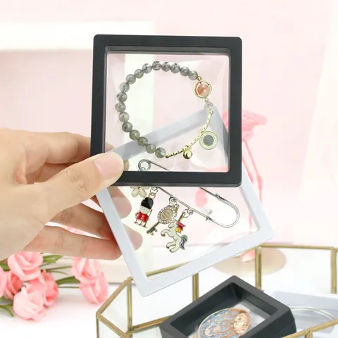 Transparente PE Folie 3D Schweberahmen Schmuck Verpackungsbox Anti Oxidation Ring Ohrring Organizer Aufbewahrungsbox Für Desktop Schaufenster Halter Display