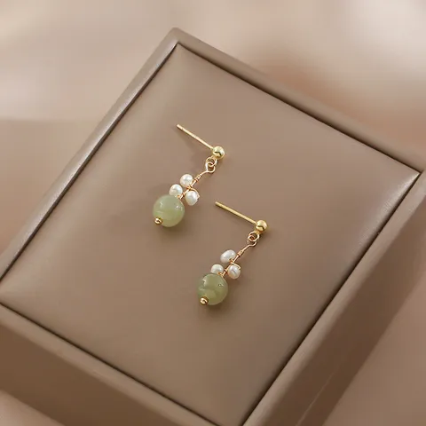 Pendientes Colgantes de Aleación de Perlas Artificiales Minimalistas Estilo Chino Imitación de Jade Pendientes de Borla Elegantes Joyería Geométrica Regalo para Mujer