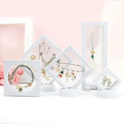Transparente PE Folie 3D Schweberahmen Schmuck Verpackungsbox Anti Oxidation Ring Ohrring Organizer Aufbewahrungsbox Für Desktop Schaufenster Halter Display