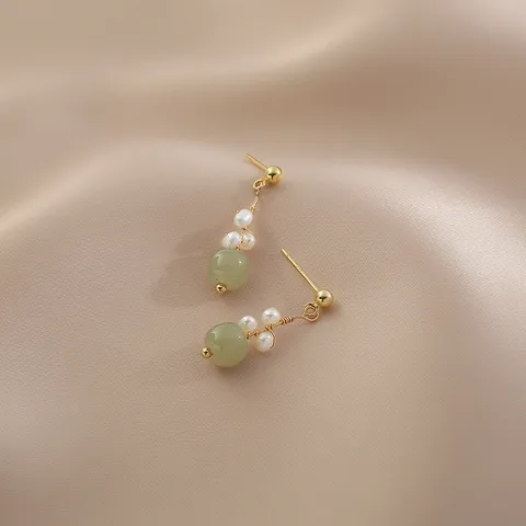 Pendientes Colgantes de Aleación de Perlas Artificiales Minimalistas Estilo Chino Imitación de Jade Pendientes de Borla Elegantes Joyería Geométrica Regalo para Mujer