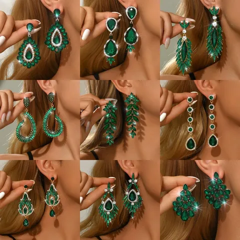 Lussuosi Orecchini Pendenti in Lega Strass Fiore Foglia da Donna Eleganti Orecchini Geometrici Pendenti con Cristallo Verde Smeraldo