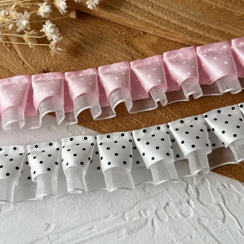 Ribete de Encaje de Cinta de Lunares de Poliéster Cintas de Malla de Gasa Plisada de Doble Capa Para Ropa de Muñeca Puño Bricolage