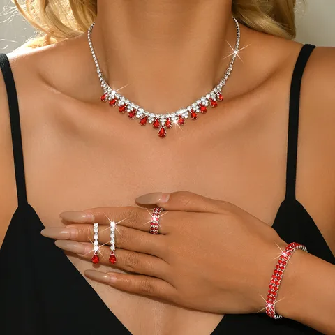 Luxury Copper Rhinestone Bridal Jewelry Set Shiny Silver Plated Tassel Necklace Earrings Bracelet Set For Wedding Prom Women Accessories