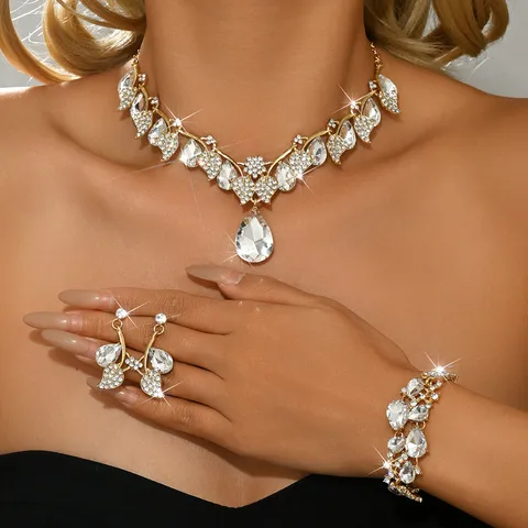 Set Gioielli Vintage in Lega con Strass a Goccia d'Acqua e Gemma Artificiale per Donna Collana Orecchini Bracciale Foglia Fiore per Matrimonio Festa Sposa