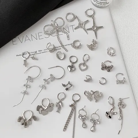 Silver Color Alloy Rhinestone Earrings For Women Ins Style Geometric Butterfly Heart Star Cross Ear Clips Ear Cuffs Fashion Elegant Jewelry