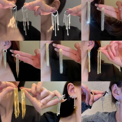 Elegantes Pendientes Largos de Borla de Strass de Aleación para Mujer Pendientes de Botón con Colgante Geométrico Incrustado de Estrella de Corazón de Mariposa de Lujo
