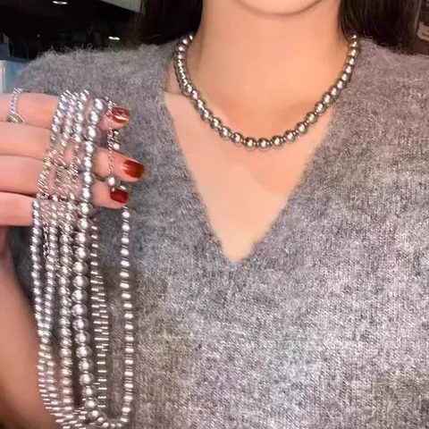 Collar de Perlas Artificiales Grises Cadena de Clavícula Acero Inoxidable Aleación Joyería de Moda Regalo para Mujer