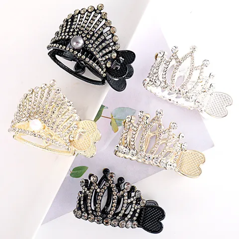 Korean Style Metal Rhinestone Crown Hair Claw Clip Elegant Pearl Ponytail Holder Hair Accessories For Women Girls