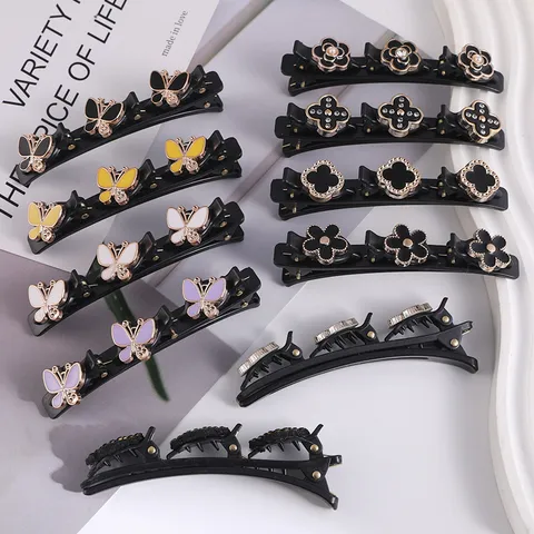 Damen Doppellagige Geflochtene Strass Haarklammer Mode Blumen Schmetterling Entenschnabelklammer